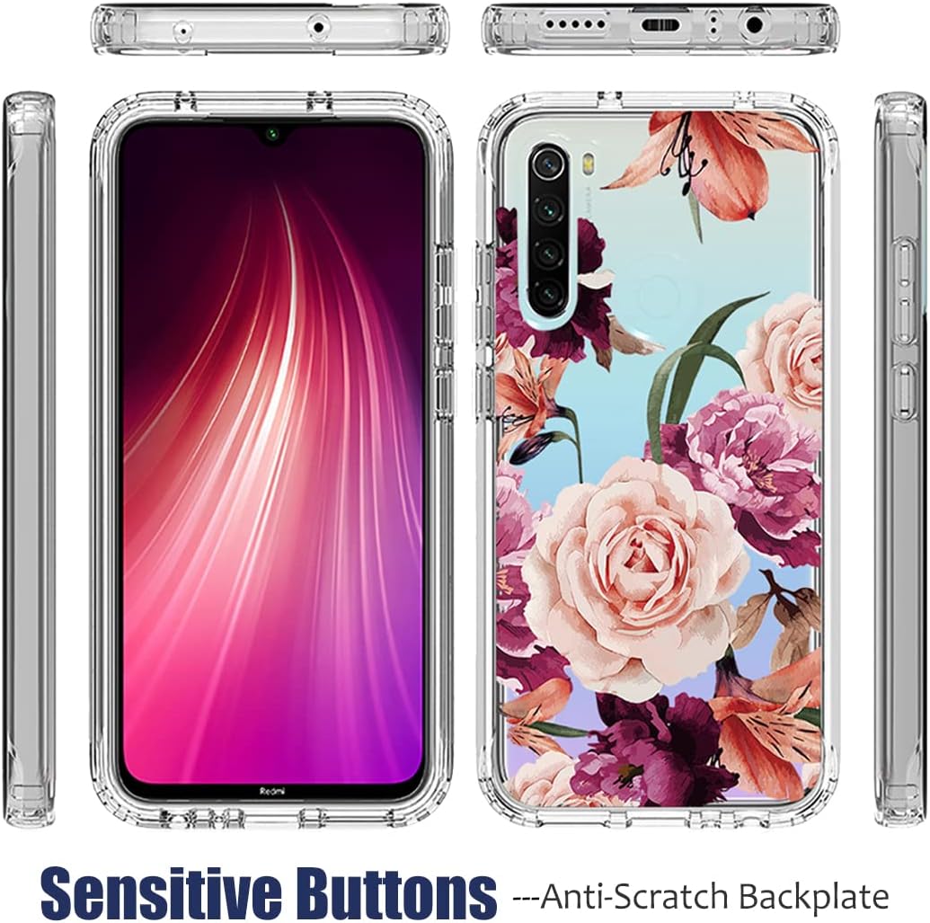 Bohefo Funda para Redmi Note 8 (20192021) con protector de pantalla de vidrio templado, cuerpo completo, lindo diseño floral, a prueba de golpes,