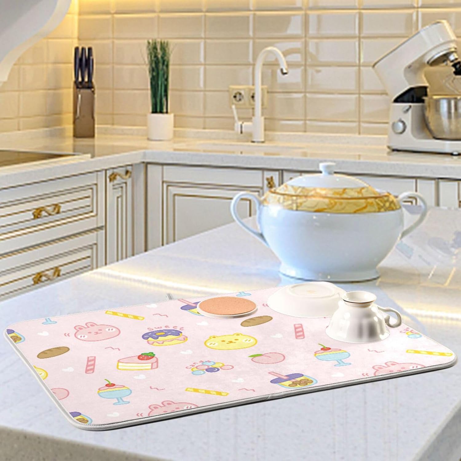 Cute Dessert Rabbit Donut Bubble Tea Peach Dish Mat Washnable Absorbent Kitchen Mat For Counter Drying Mats For Countertop Tapete Para Cocina 16” x