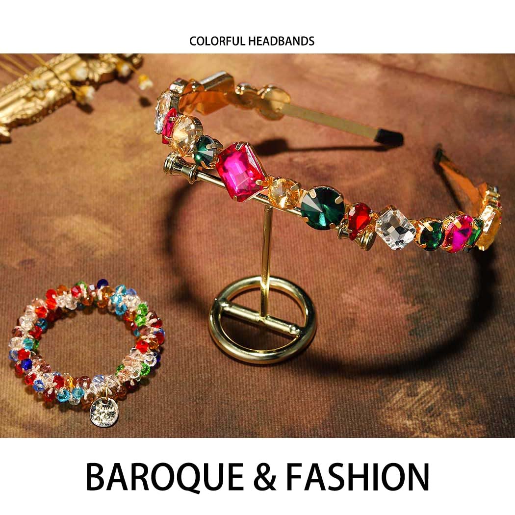 Coridy Diademas barrocas doradas con diamantes de imitación finos con lazos para el cabello con cuentas, aros de cristal coloridos para el cabello,