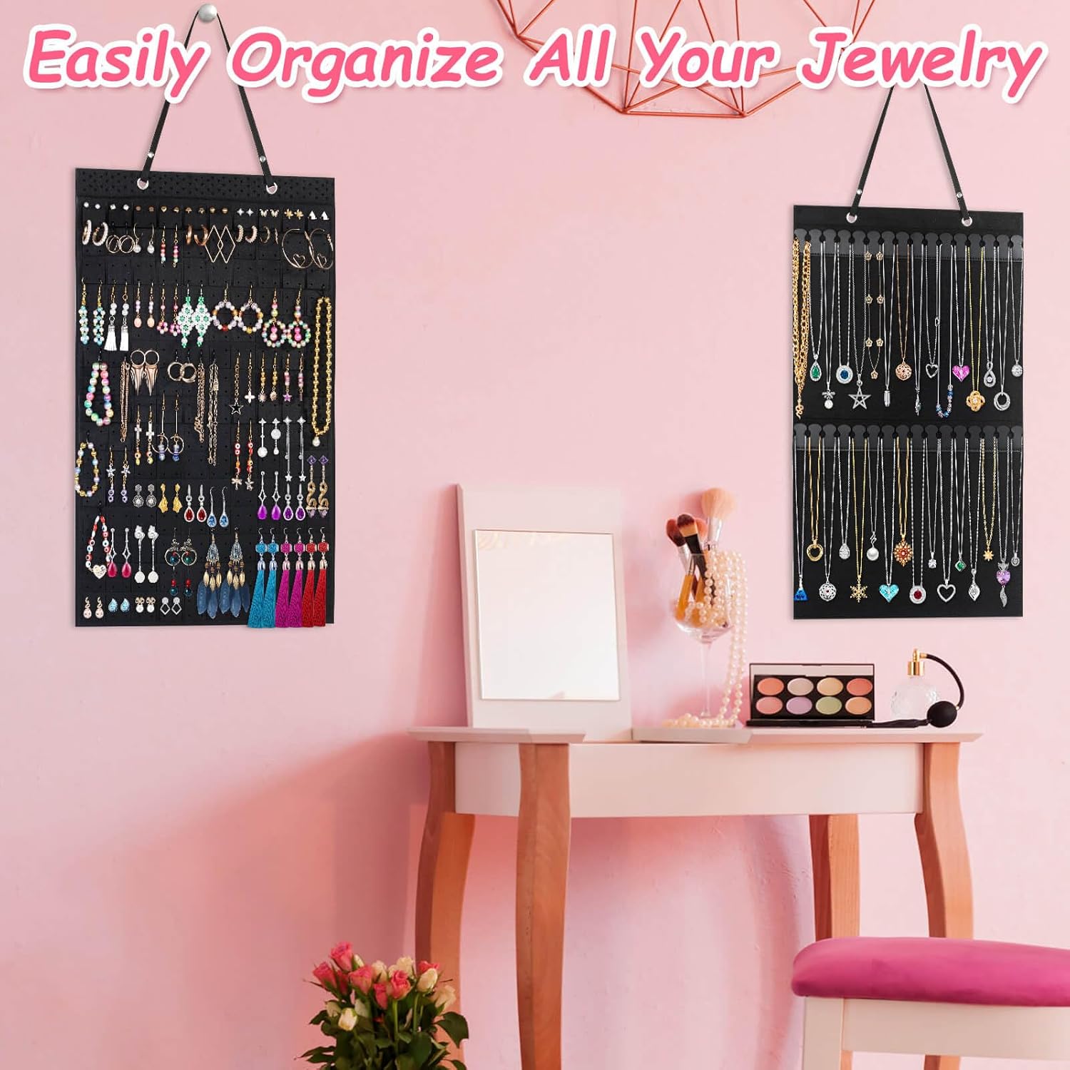 shynek Paquete de 2 organizadores colgantes para joyas, incluye soporte para collares y aretes organizador para collares, aretes, pulseras y