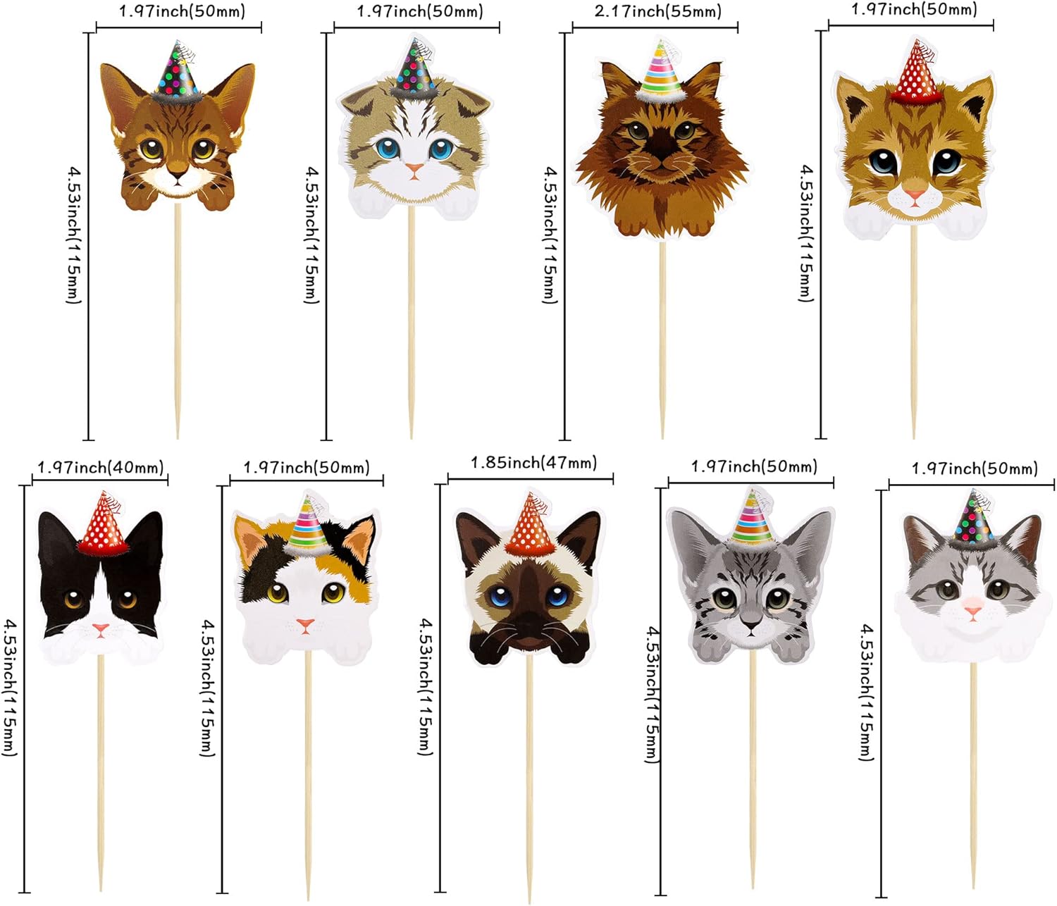 Gyufise 36 piezas de decoración para cupcakes de gatos, caras de gatos, decoración de tartas con temática de gatitos, palillos de dientes,