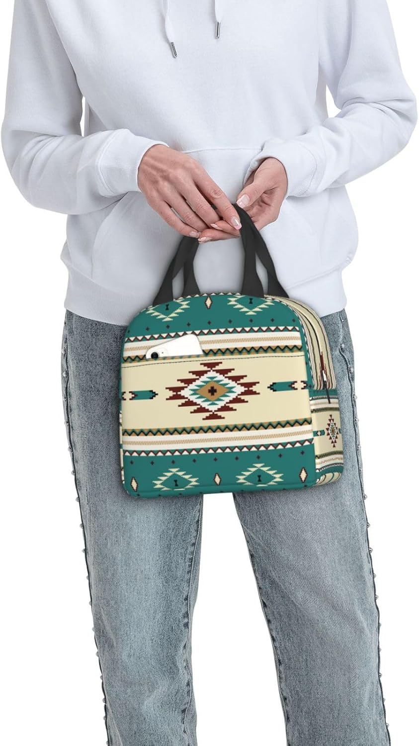 Bolsas de almuerzo portátiles reutilizables para étnica indiana, suroeste, occidental, tribal, azteca, verde, para mujeres y hombres, caja de