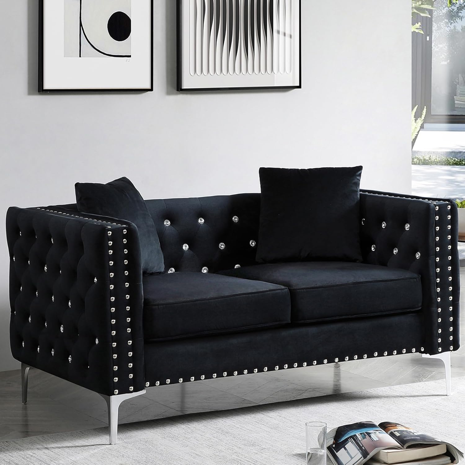 Fulocseny Sofá biplaza tapizado de terciopelo, sofá de 59.4 pulgadas con botones joyas y brazos cuadrados, moderno botón y patas de metal, sofá con