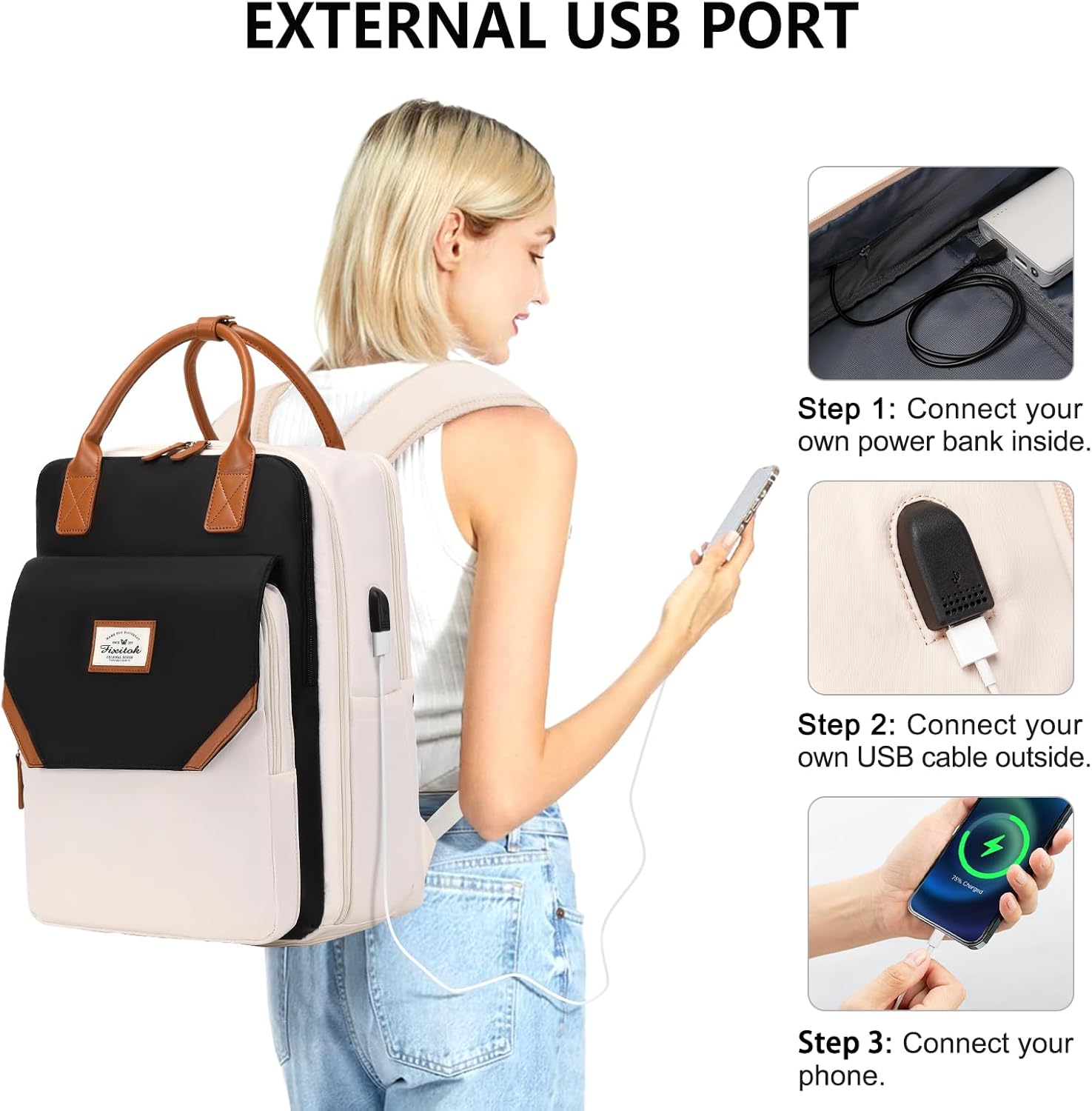 Mochila de viaje grande para mujer, 40L, mochila de equipaje personal, mochila casual, negro, beige (Black-Beige), Mochilas de viaje