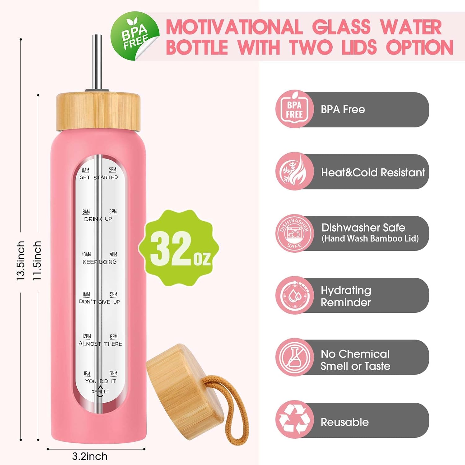 Botellas de agua de vidrio de 32 onzas con popote, botella de agua de vidrio motivacional con marcador de tiempo y funda de silicona, vaso de vidrio