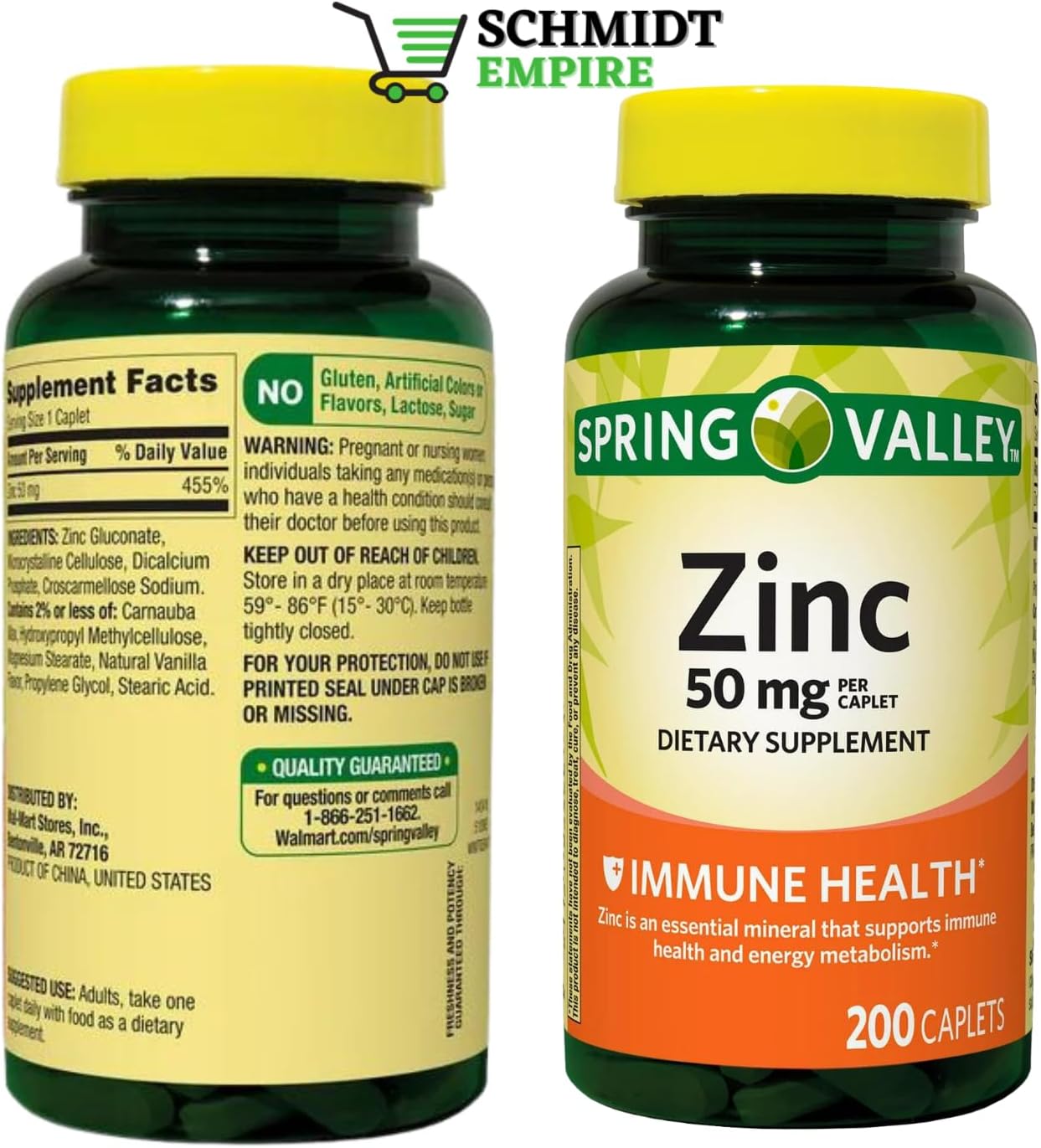 Spring Valley – Cápsulas de suplemento dietético de apoyo inmunológico de zinc, 50 mg, 200 unidades + adhesivo Schmidt Empire (2)