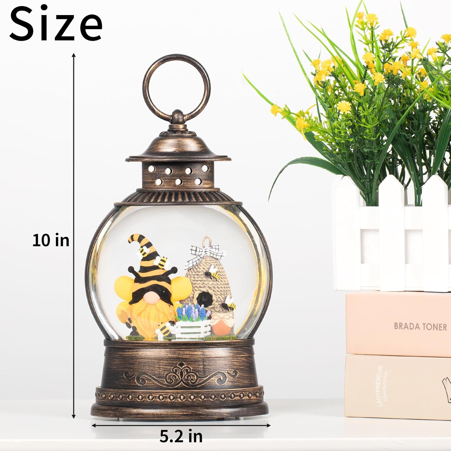 Gnomos de primavera, globo de nieve, gnomo de abeja de miel, decoración del Día Mundial de las Abejas, Temporizador de 6 horas, funciona con