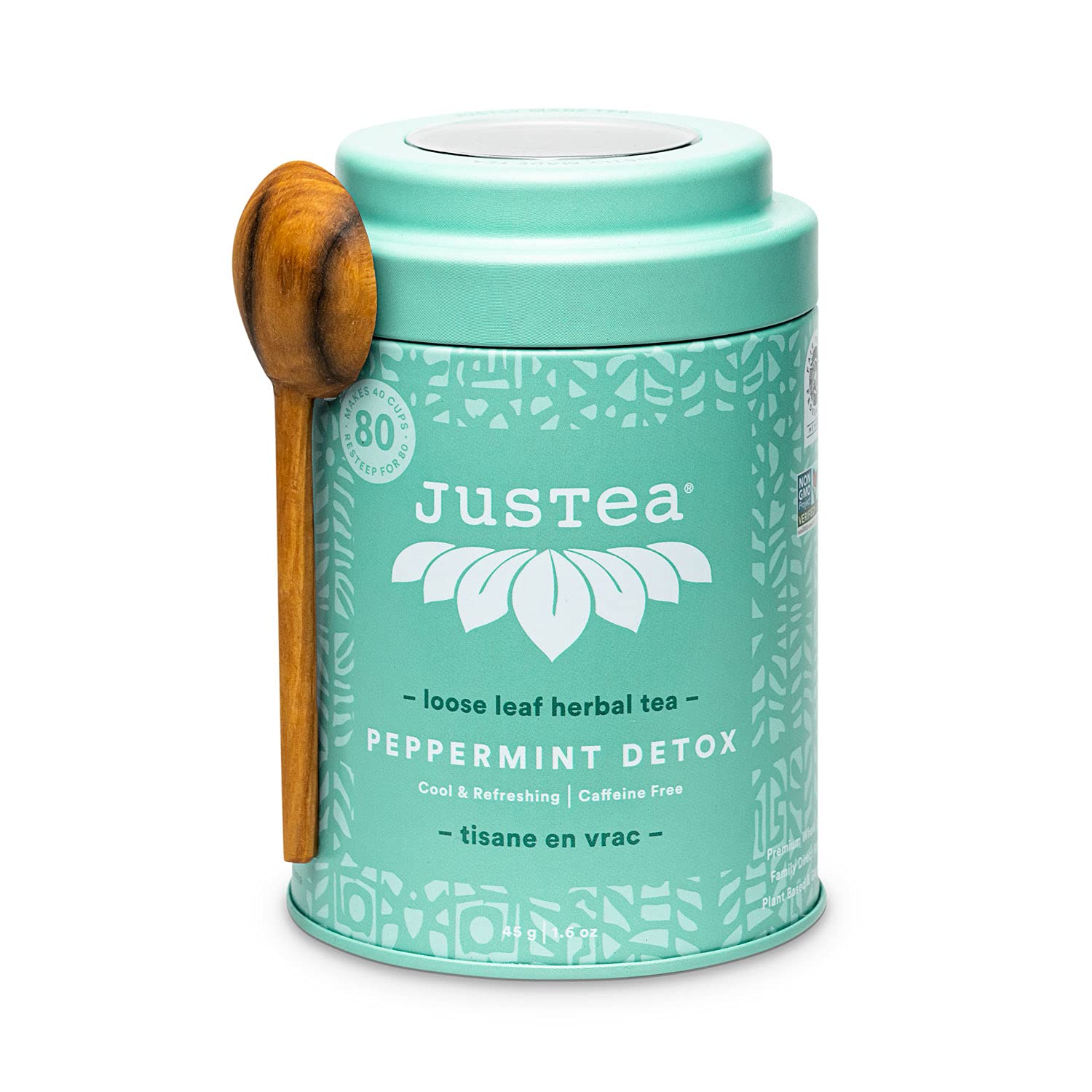 JusTea PEPPERMINT DETOX  Té de hierbas de hojas sueltas  Lata con cuchara de té tallada a mano  Más de 40 tazas (1.6 onzas)  Sin cafeína  Ganador de