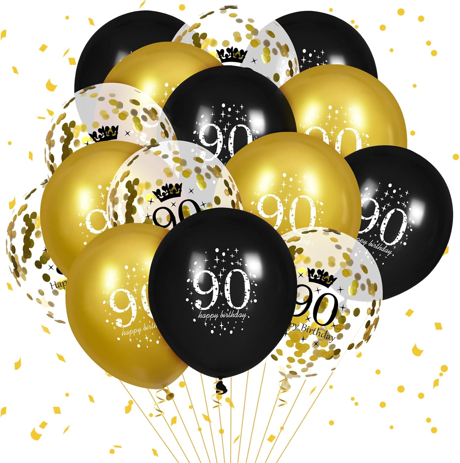 Globos de cumpleaños de 90 años para hombres, 15 globos de feliz cumpleaños de 90 años, globos negros y dorados para decoración de fiesta de