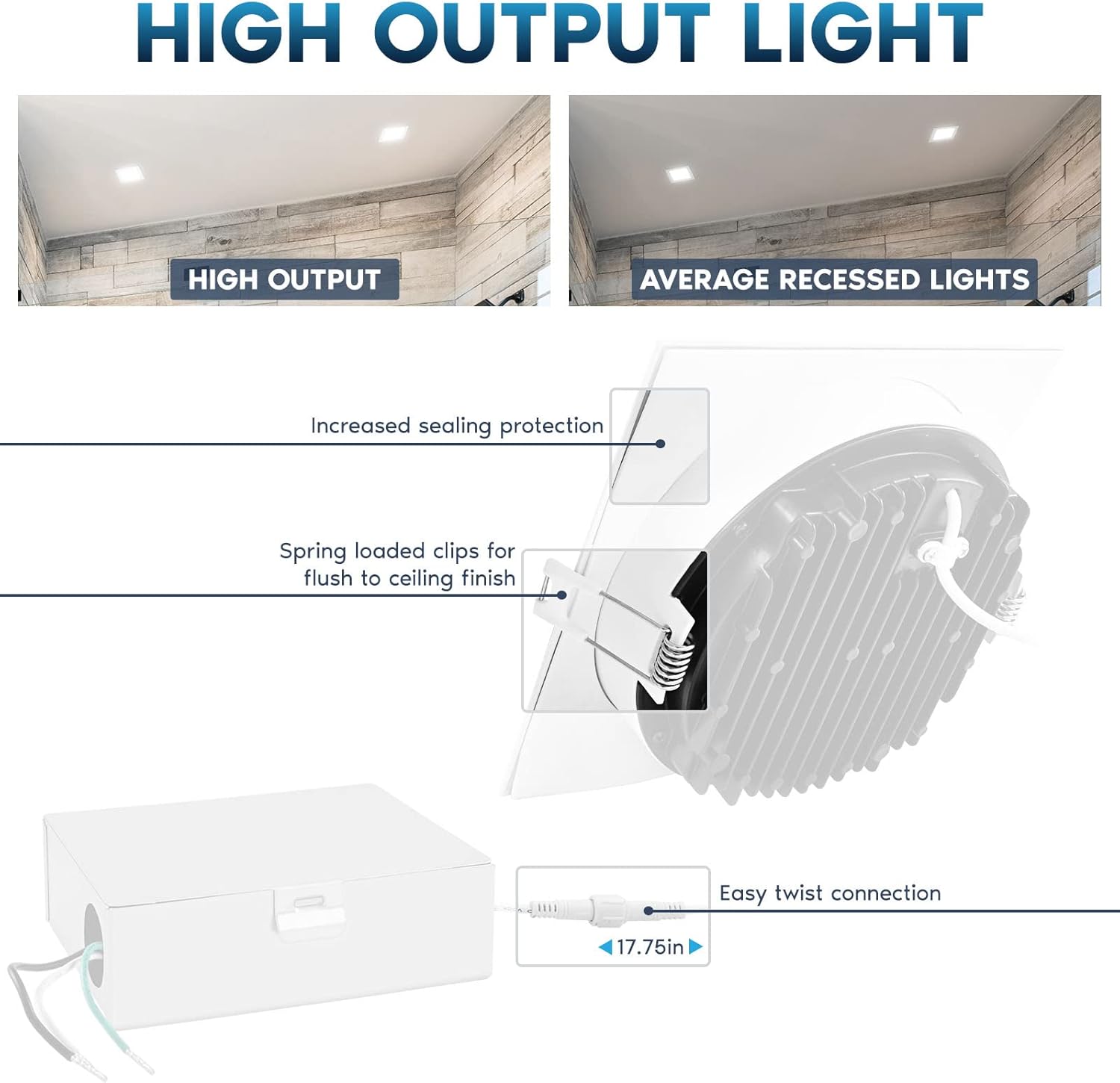 LUXRITE Lámpara de techo empotrable LED cuadrada de 6 pulgadas con caja de conexiones, 18W, 5CCT seleccionable 2700K3000K3500K4000K5000K, 1800LM de