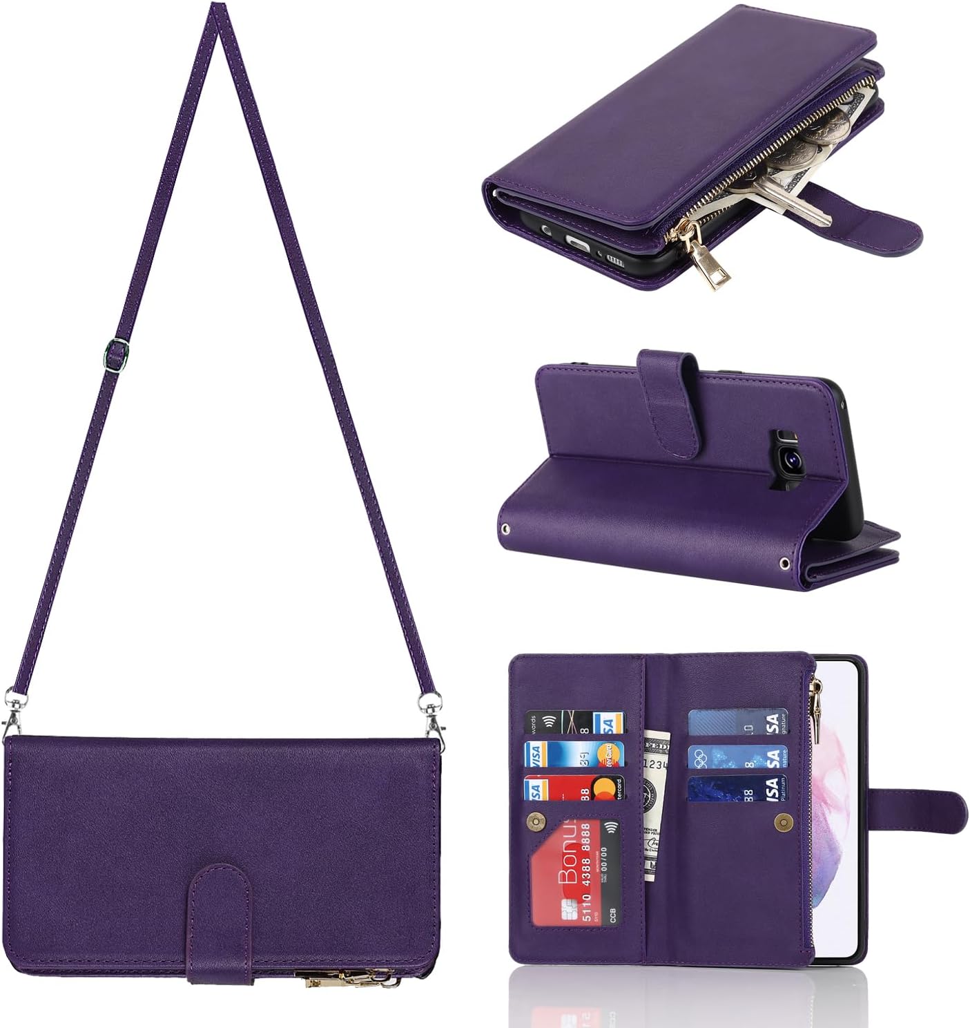 Hamany Funda cruzada para Samsung Galaxy S8 con correa para mujer Galaxy S8, funda tipo cartera con tarjetero, funda de piel con cierre de