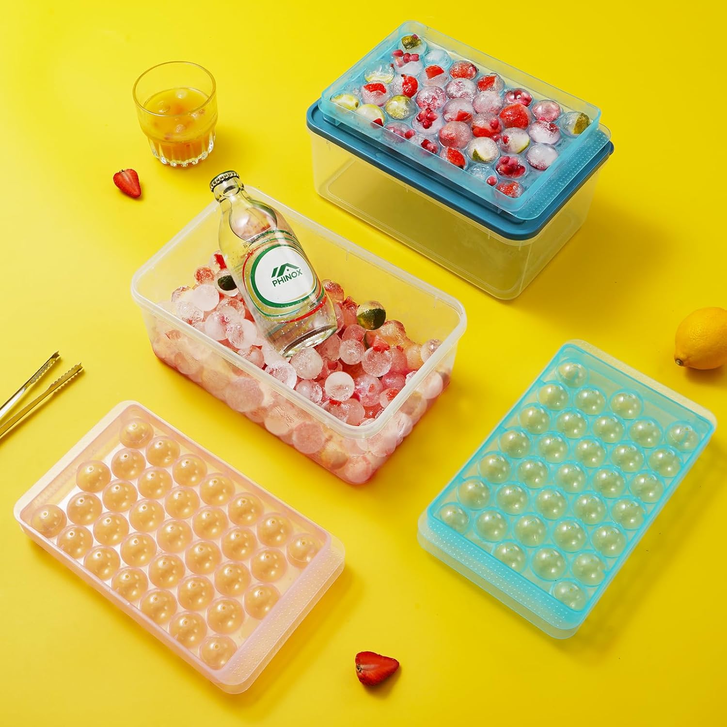 PHINOX – Bandeja de cubitos de hielo con tapa y contenedor, bandejas redondas de hielo para congelador, bandejas de hielo para hacer cubitos de