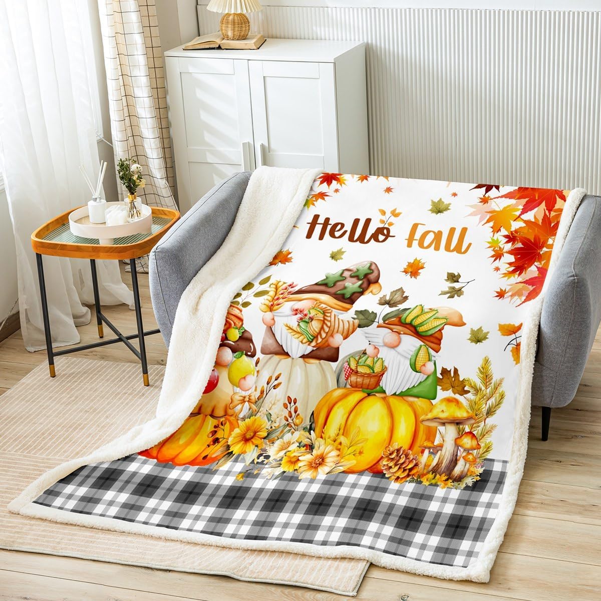 Manfei Manta de Hello Fall con diseño de gnomos y hojas de calabaza para sofá, manta de cosecha de otoño para niños y adultos, manta de forro polar