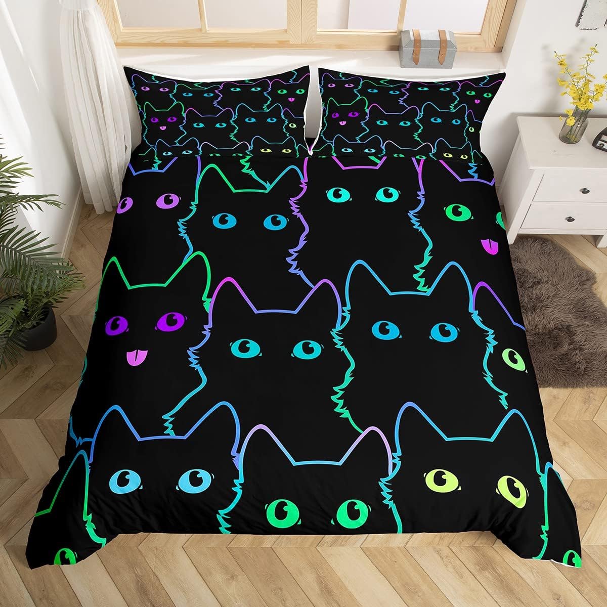 Juego de ropa de cama con diseño de dibujos animados para niñas, niños, mascotas, gatos, funda de edredón con luz de neón, decoración de habitación,