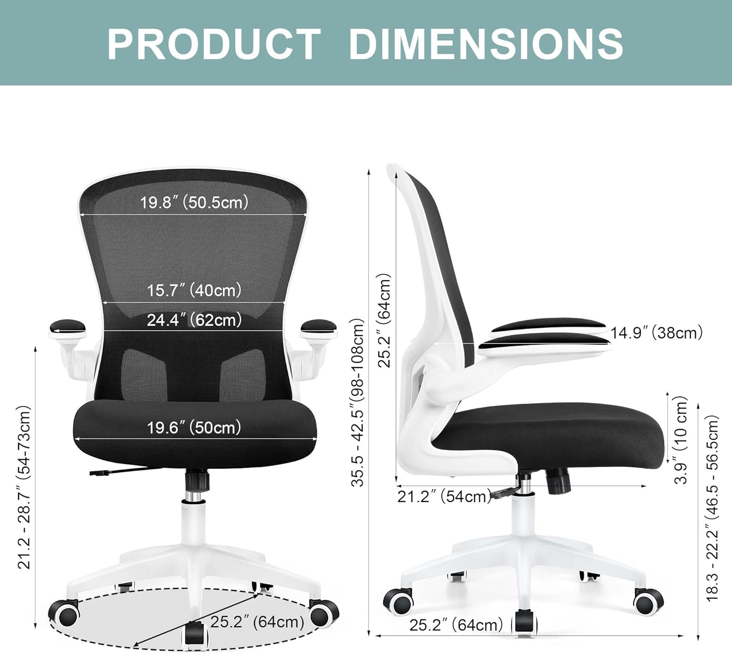 Silla de oficina ergonómica, silla de escritorio de soporte lumbar con reposabrazos abatibles y silla de oficina giratoria de altura ajustable