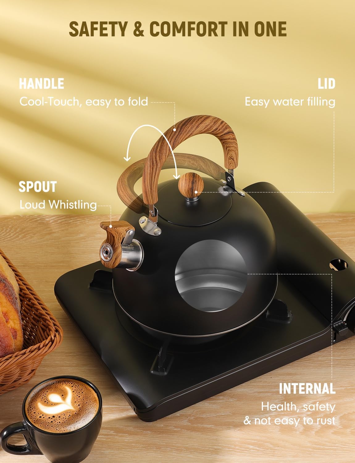 Hervidor de té Whistling para estufa, tetera de acero inoxidable de grado quirúrgico con mango ergonómico que se mantiene fresco, tetera de