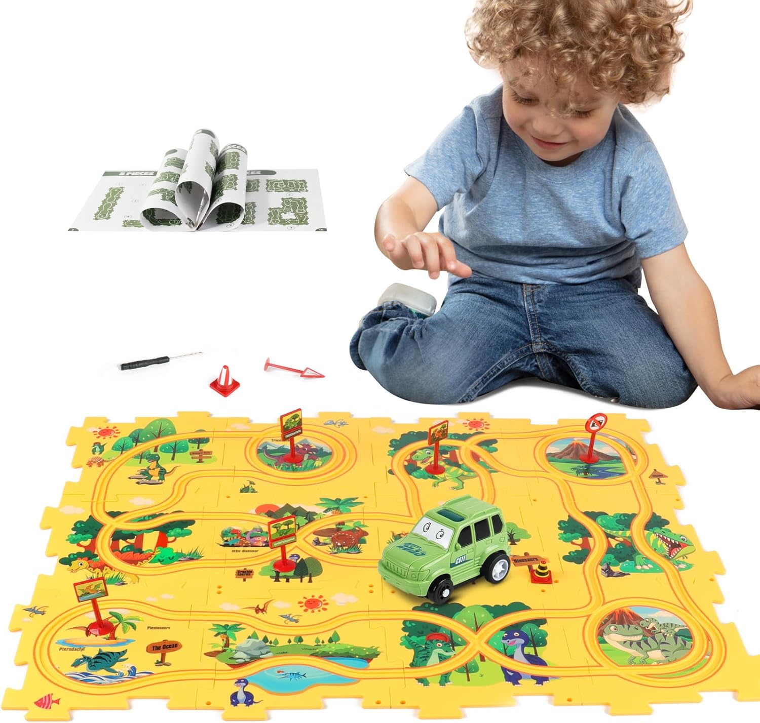 XAZASTOV Rompecabezas de piso de plástico para niños de 3 a 5 años, juego de rompecabezas de pista de coche, juguetes educativos Montessori para