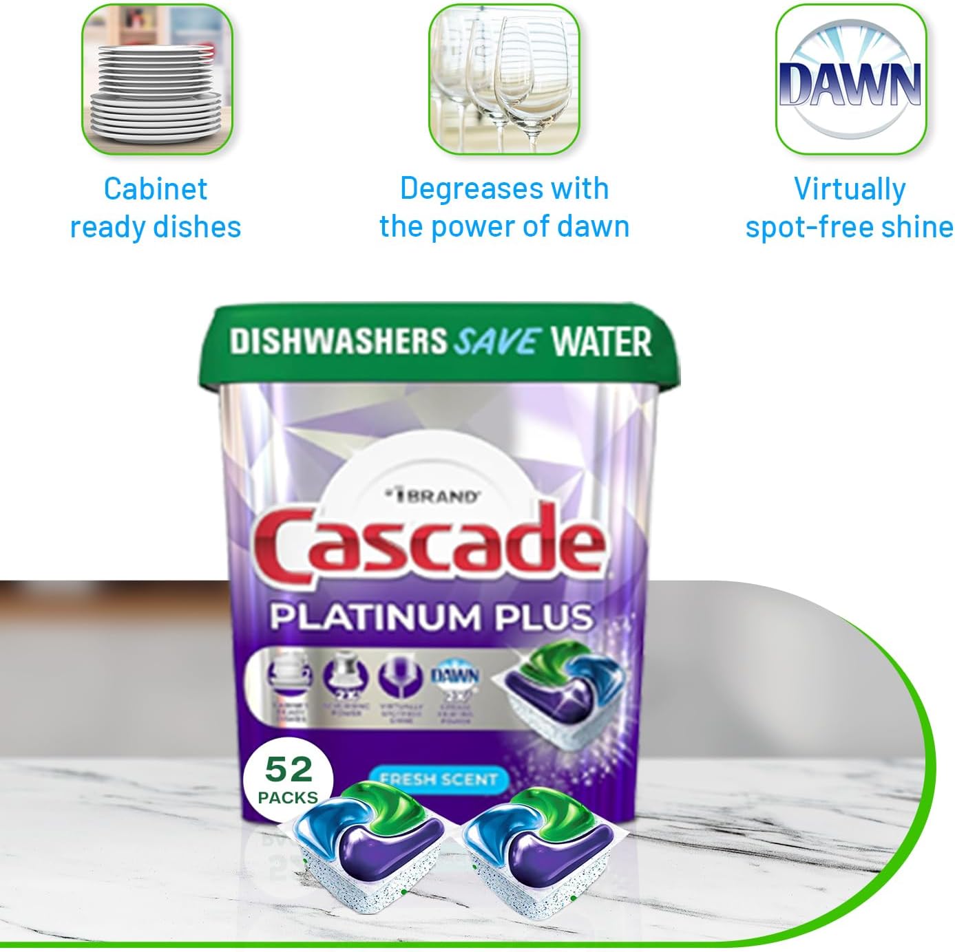 Cascade Platinum Plus – Cápsulas para lavavajillas – Cápsulas de cocina para lavavajillas – Tabletas limpiadoras y desodorantes para lavavajillas –