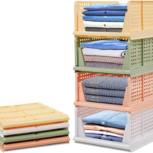 Juego de 4 cajas de almacenamiento apilables para armario, organizador de cajones de plástico, cestas plegables para estantes, contenedores Juego de 4 cajas de almacenamiento apilables para armario, organizador de cajones de plástico, cestas plegables para estantes, contenedores