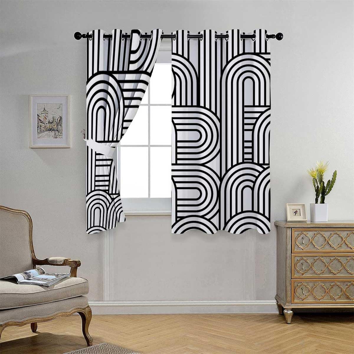 YANFENQI Cortinas para Habitacion – Cortina opaca con textura de líneas blancas y negras geométricas, oscurecimiento de habitación, 55 pulgadas de
