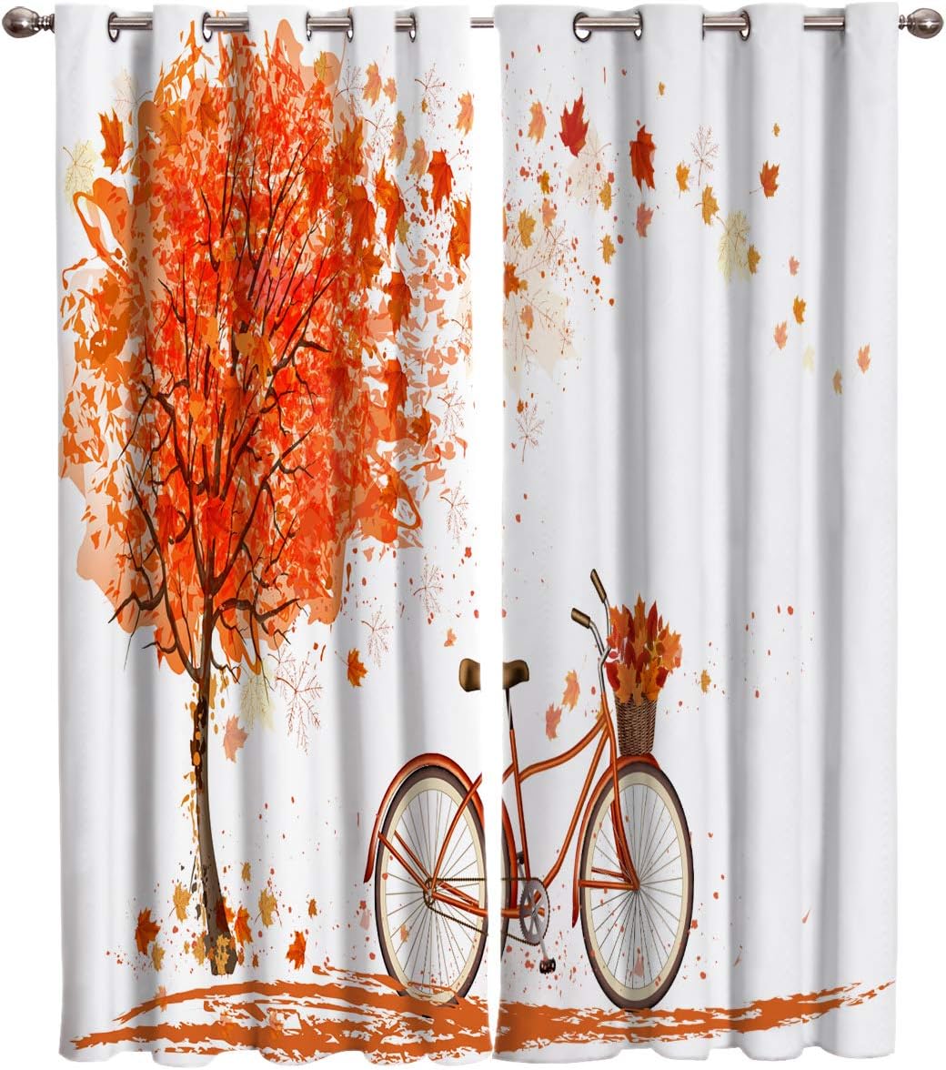 FortuneHouse Blackout Curtains Thermal Insulated Autumn red Maple Leaves and Bicycle Solid Pattern Metal Grommet Elegant Room Drapes Window Curtain
