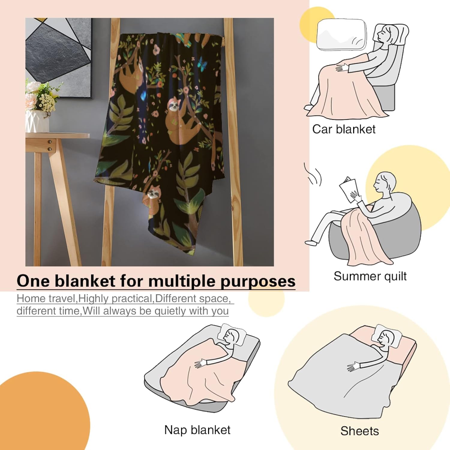 Manta de forro polar de perezoso para cama de 60 x 50 pulgadas, manta de franela de felpa ligera y súper suave para mujeres, hombres y niños