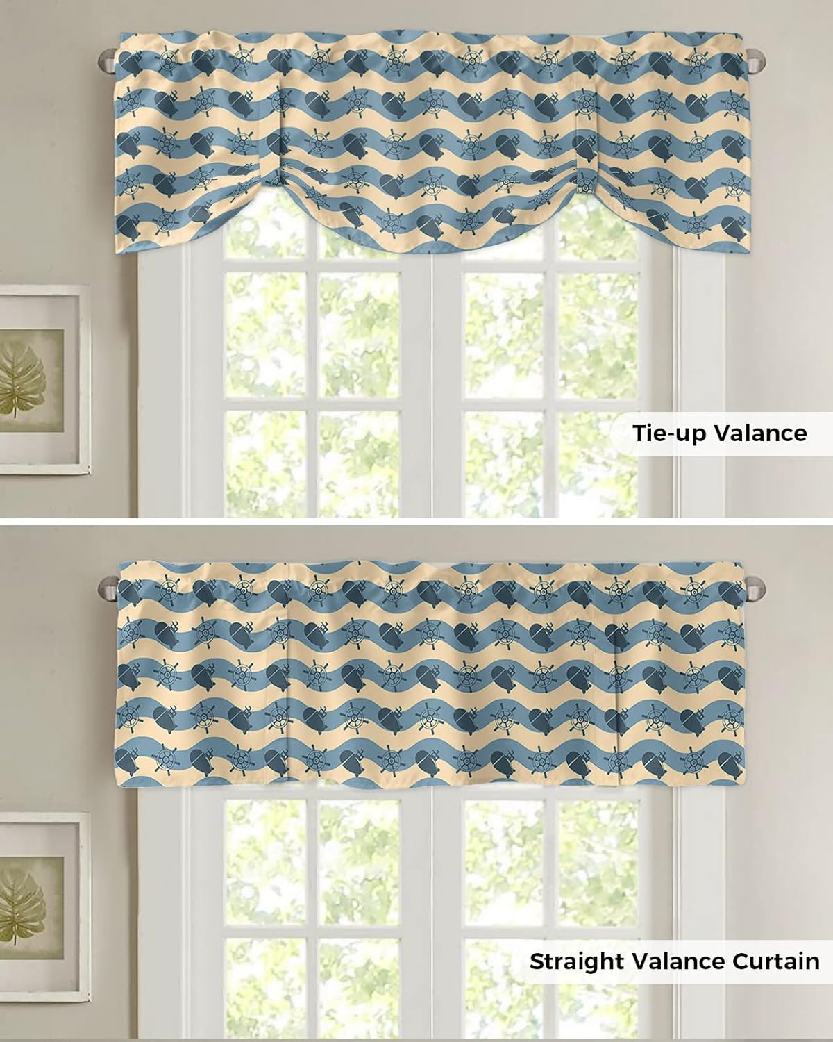 Cenefa de amarre para ventanas, diseño náutico océano profundo con dibujos animados abstractos submarinos, cenefas con bolsillo para barra, cortinas