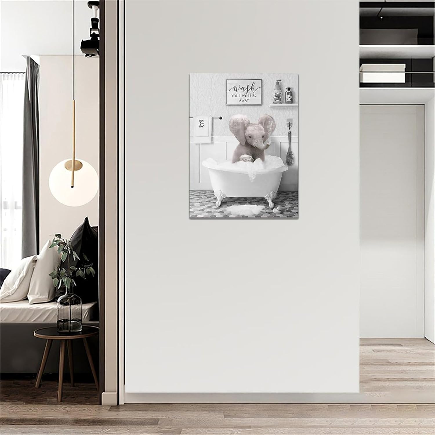 Divertido arte de pared de elefante para baño, fotos de elefante para bañera, decoración de pared de animales en blanco y negro, letrero de baño,