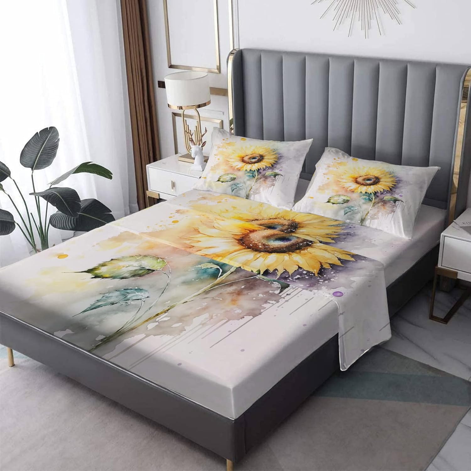 Sábanas de girasol, tamaño California King, sábanas de cama con estampado floral de plantas, juego de sábanas y fundas de almohada de 4 piezas,