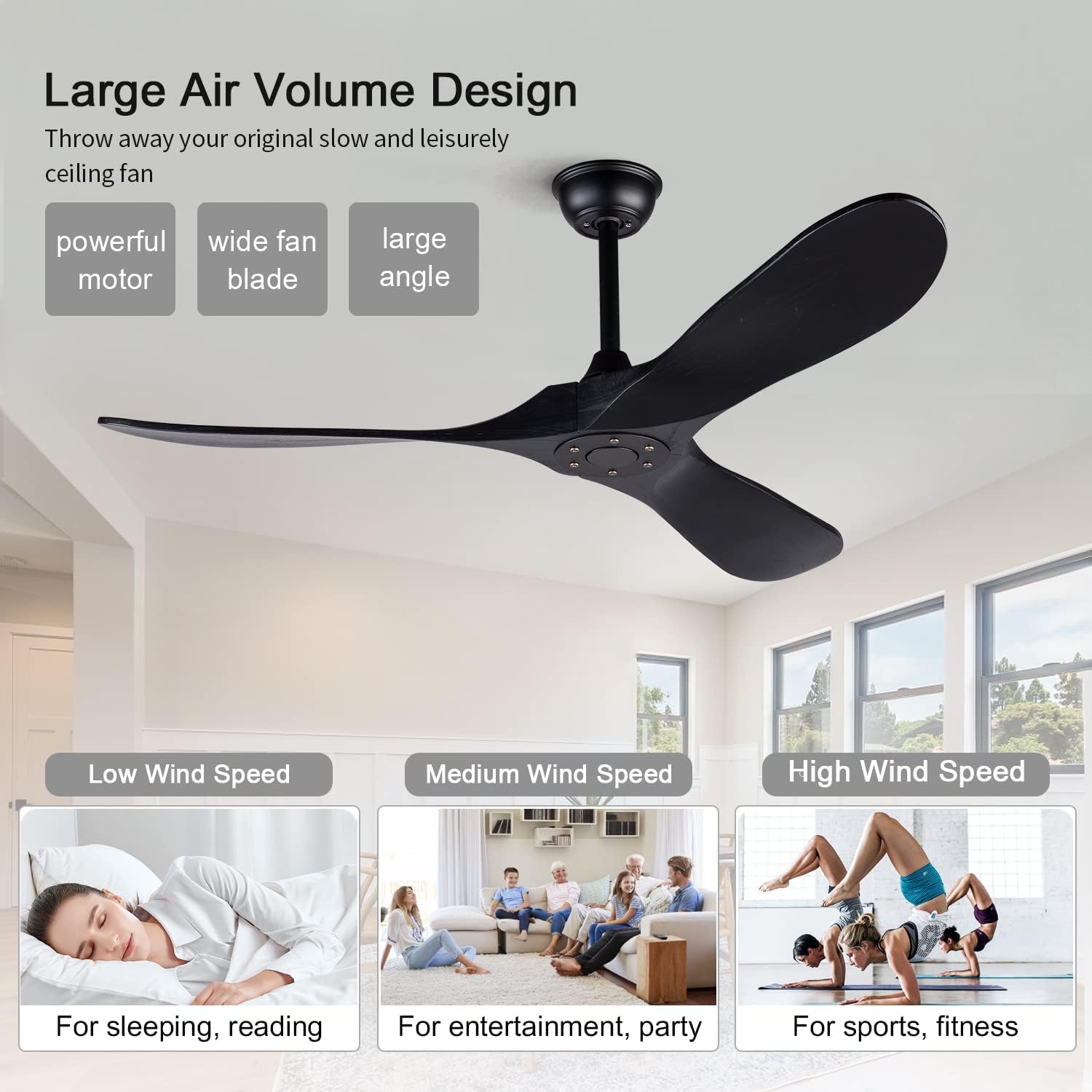 BOJUE Ventilador de techo de madera de 52 pulgadas sin luz y control remoto, ventilador de techo negro para perfil bajo para interiores y