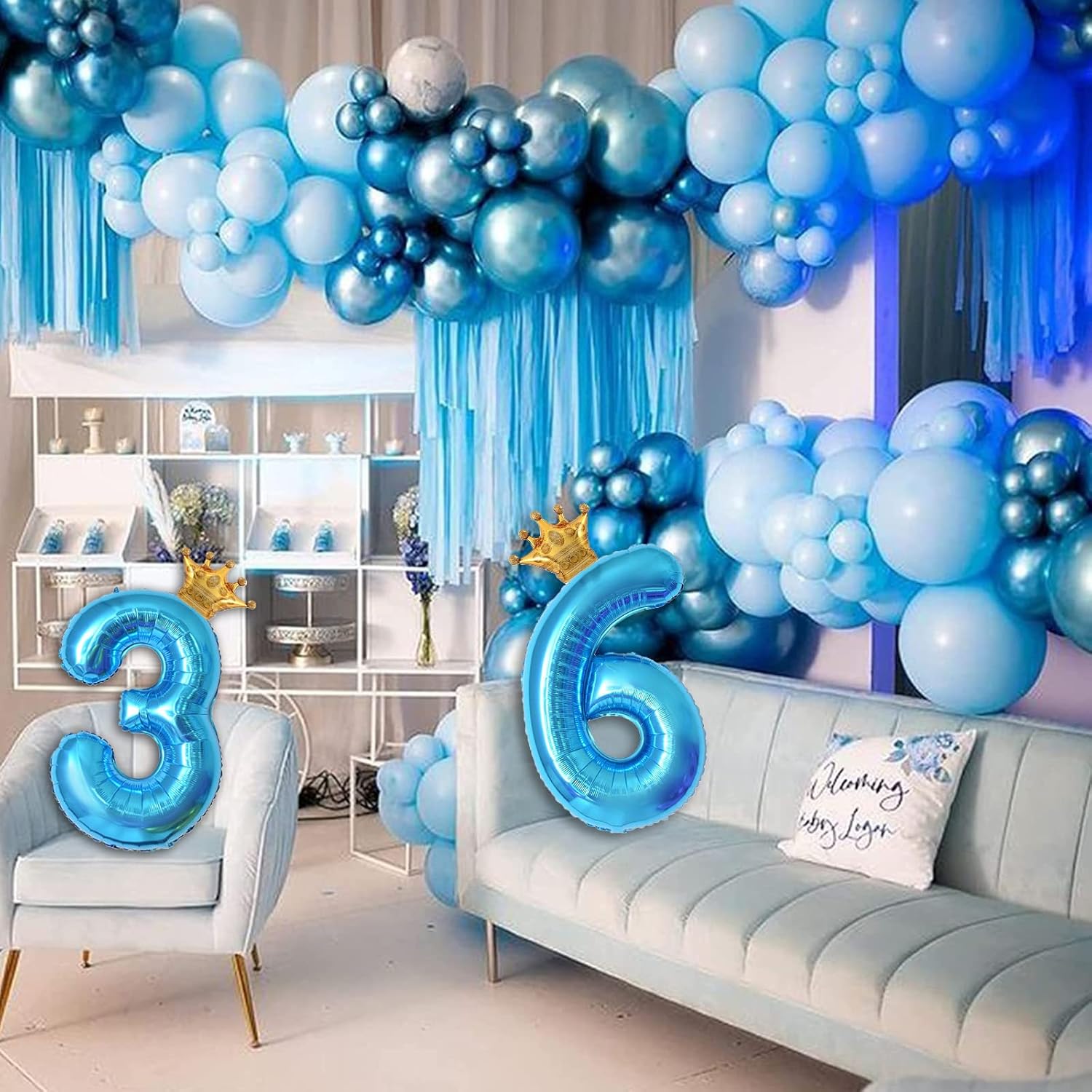 Globo azul claro de 40 pulgadas con número 5 y corona pequeña para decoraciones de fiesta de cumpleaños, decoraciones de fiesta de cumpleaños 5,