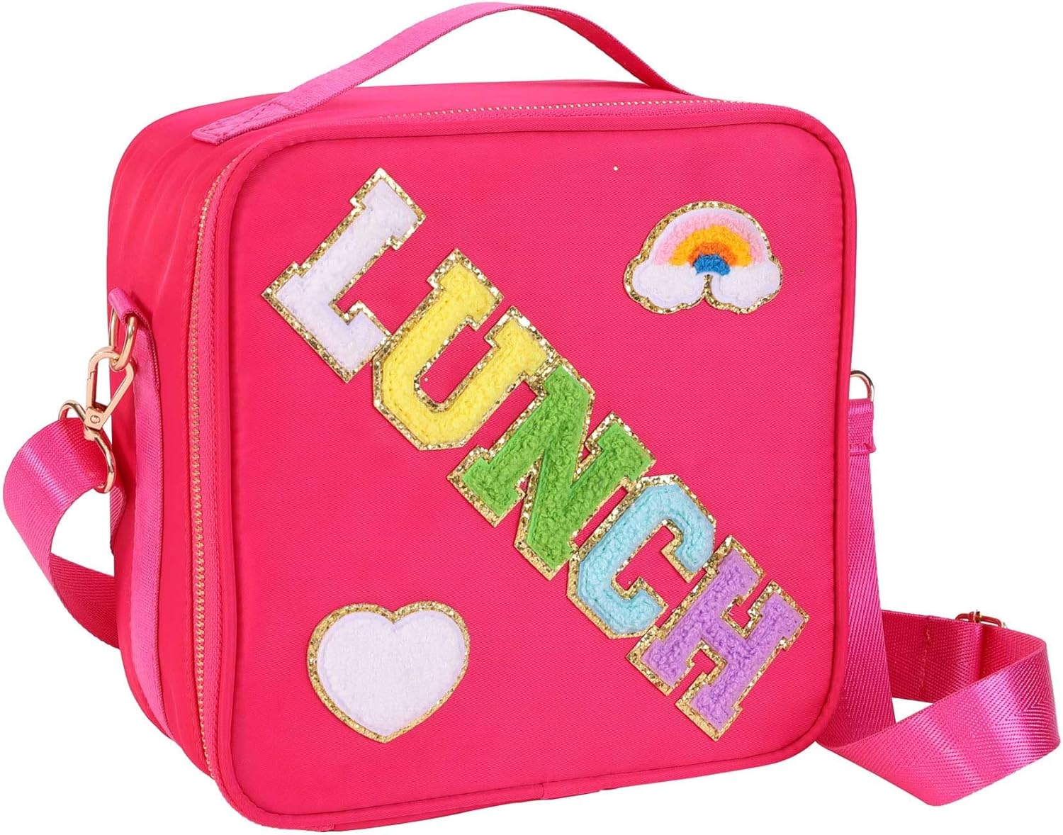 Lonchera personalizada con parches de letras coloridas aisladas, con purpurina, letras universitarias reutilizables para niños (rosa rosa)