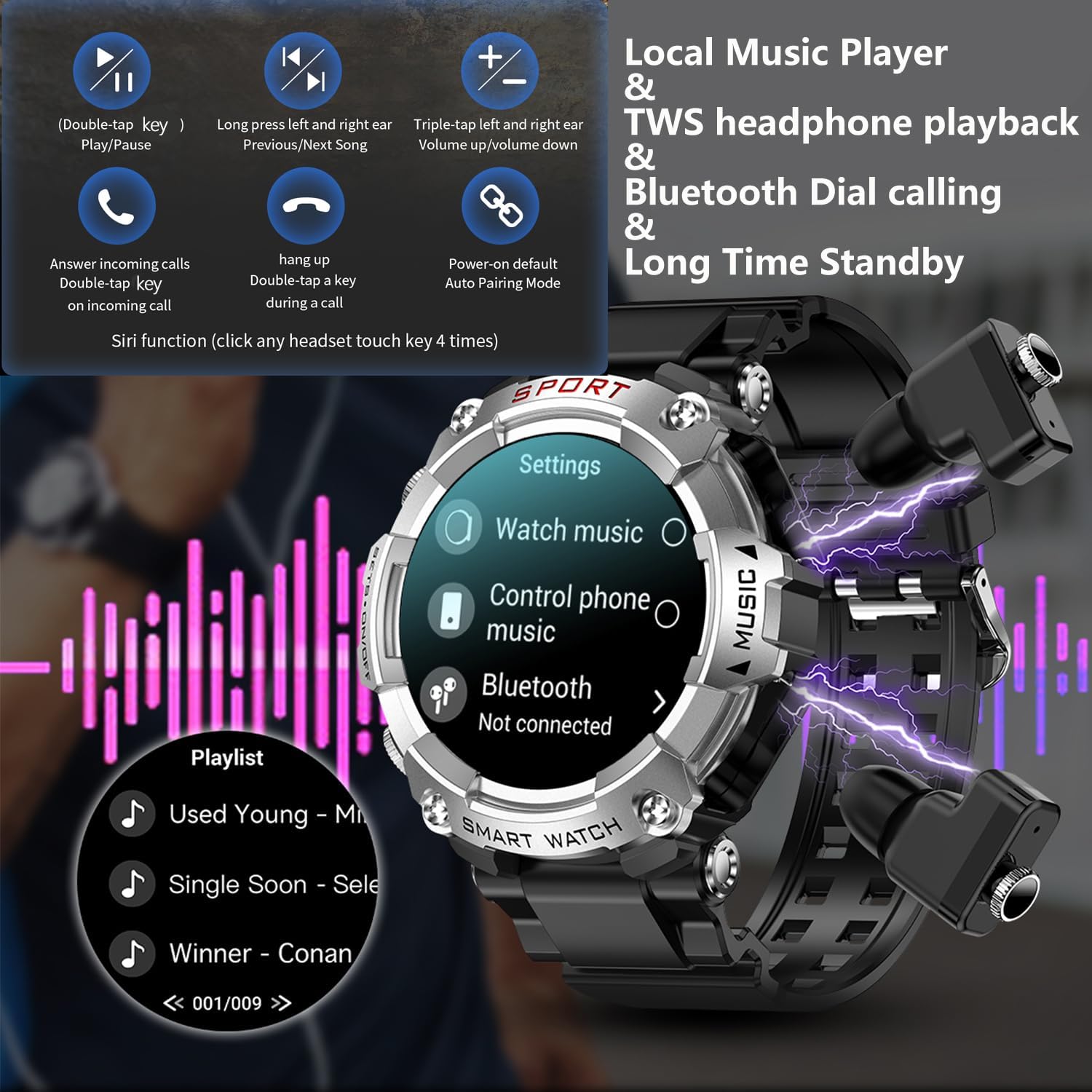 YPSDOOWKJ Reloj inteligente con auriculares, pantalla redonda táctil completa de 1.52 pulgadas, rastreador de fitness, auriculares dentro del reloj