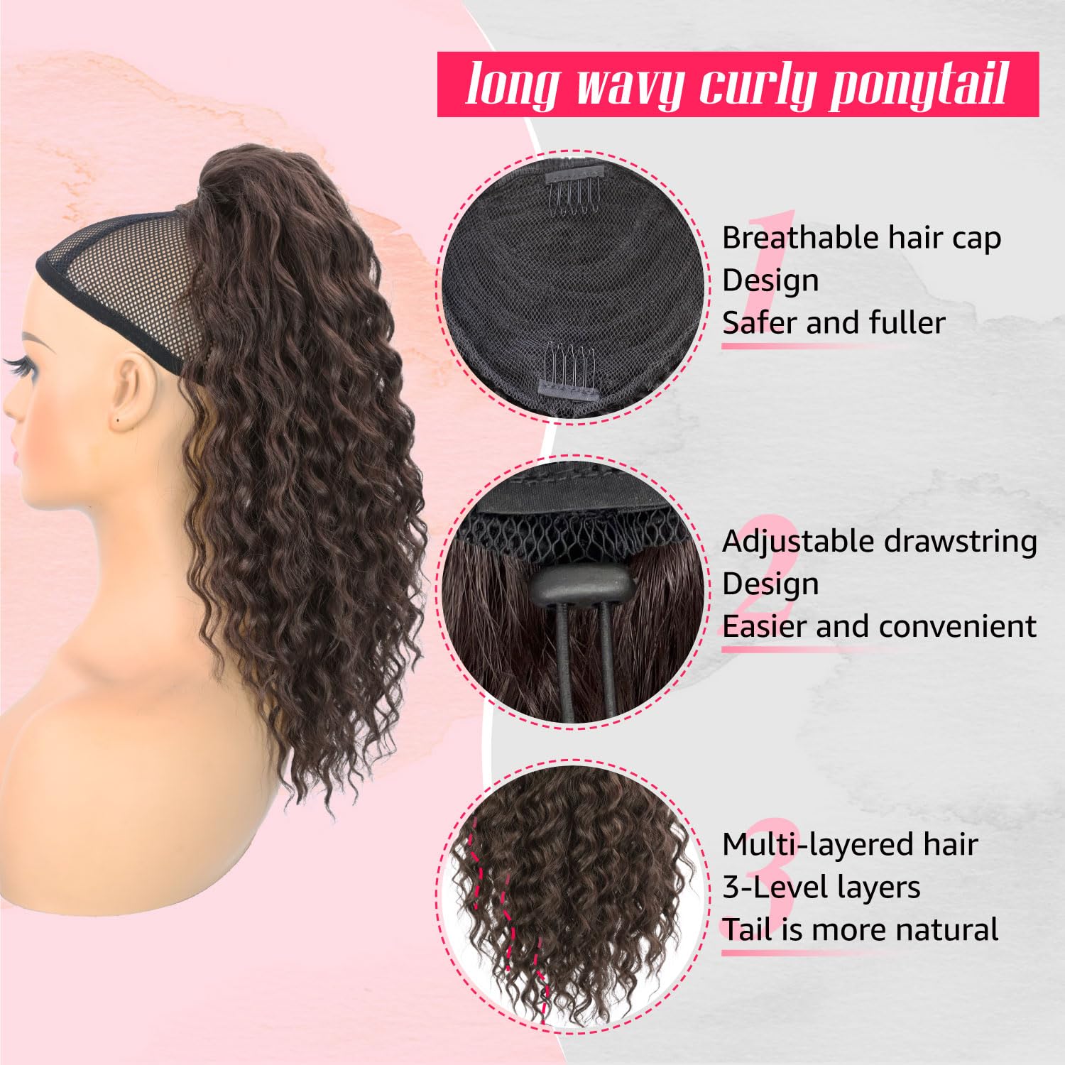 Extensión de cola de caballo con cordón, cabello largo multicapa, esponjoso, grueso, largo, ondulado, rizado, con clip, extensiones de cabello