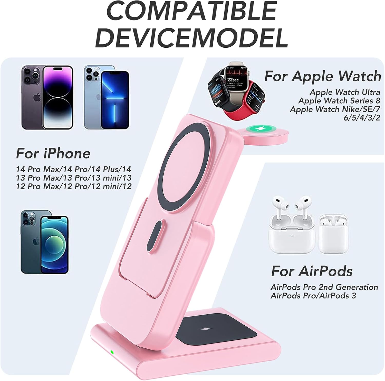HUOTO Cargador portátil inalámbrico, soporte plegable de cargador rápido para iPhoneApple WatchAirpods, banco de energía magnético de 5000 mAh con