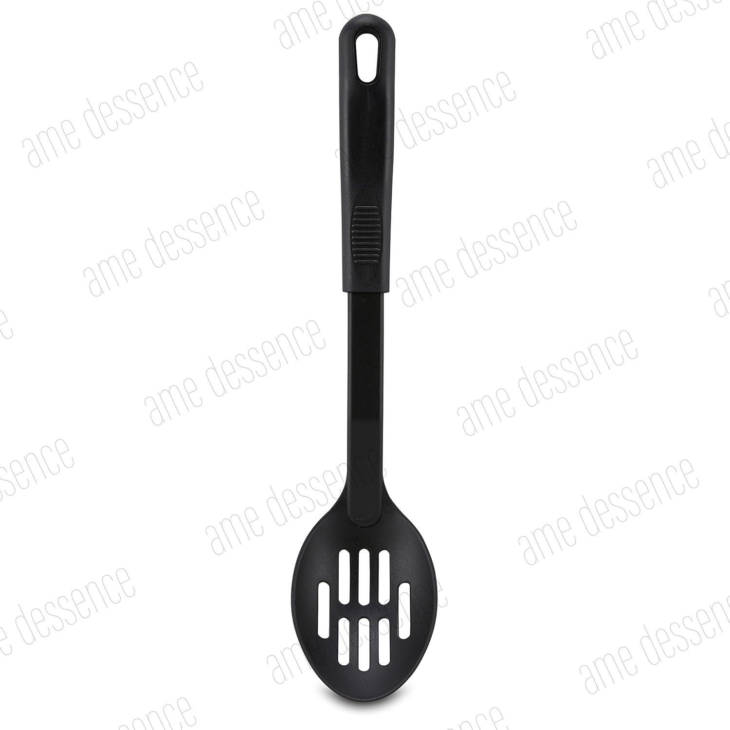 AME D’ESSENCE Cuchara de cocina ranurada de 11 12 pulgadas, nailon negro, 410F, resistente al calor, cuchara para servir con mango ergonómico,