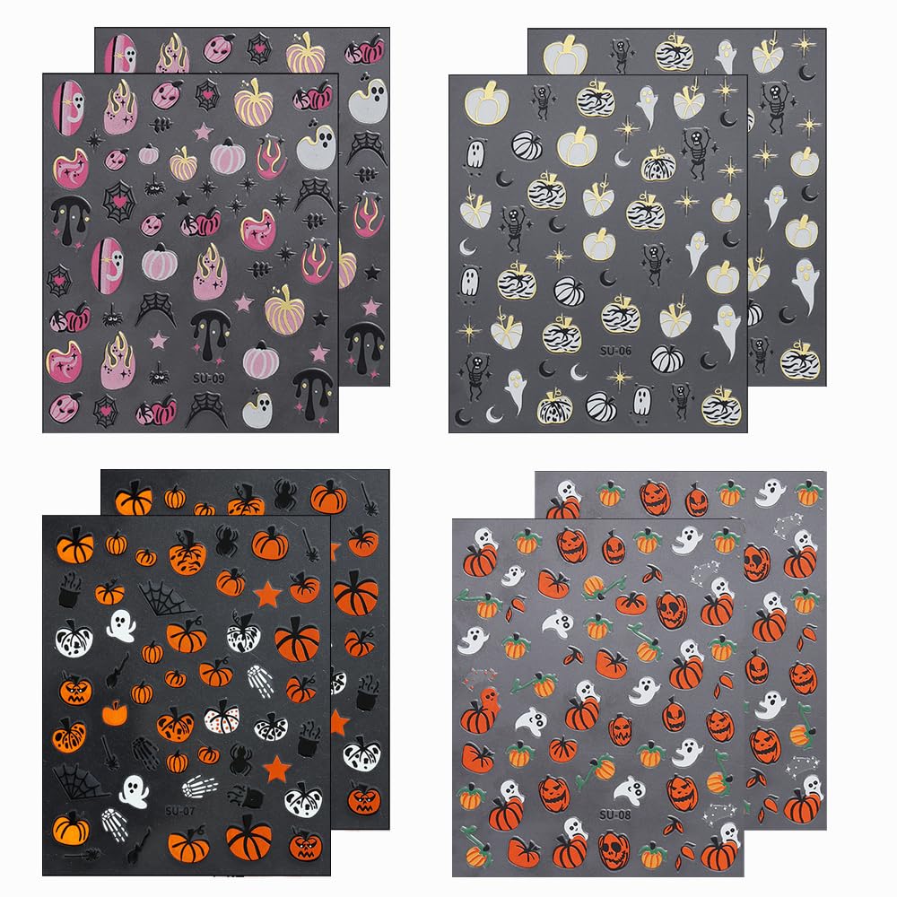 8 hojas de calcomanías de arte de uñas de Halloween, diseño de calabaza fantasma, diseño de llama de araña, diseño de llama de sangre y llama,