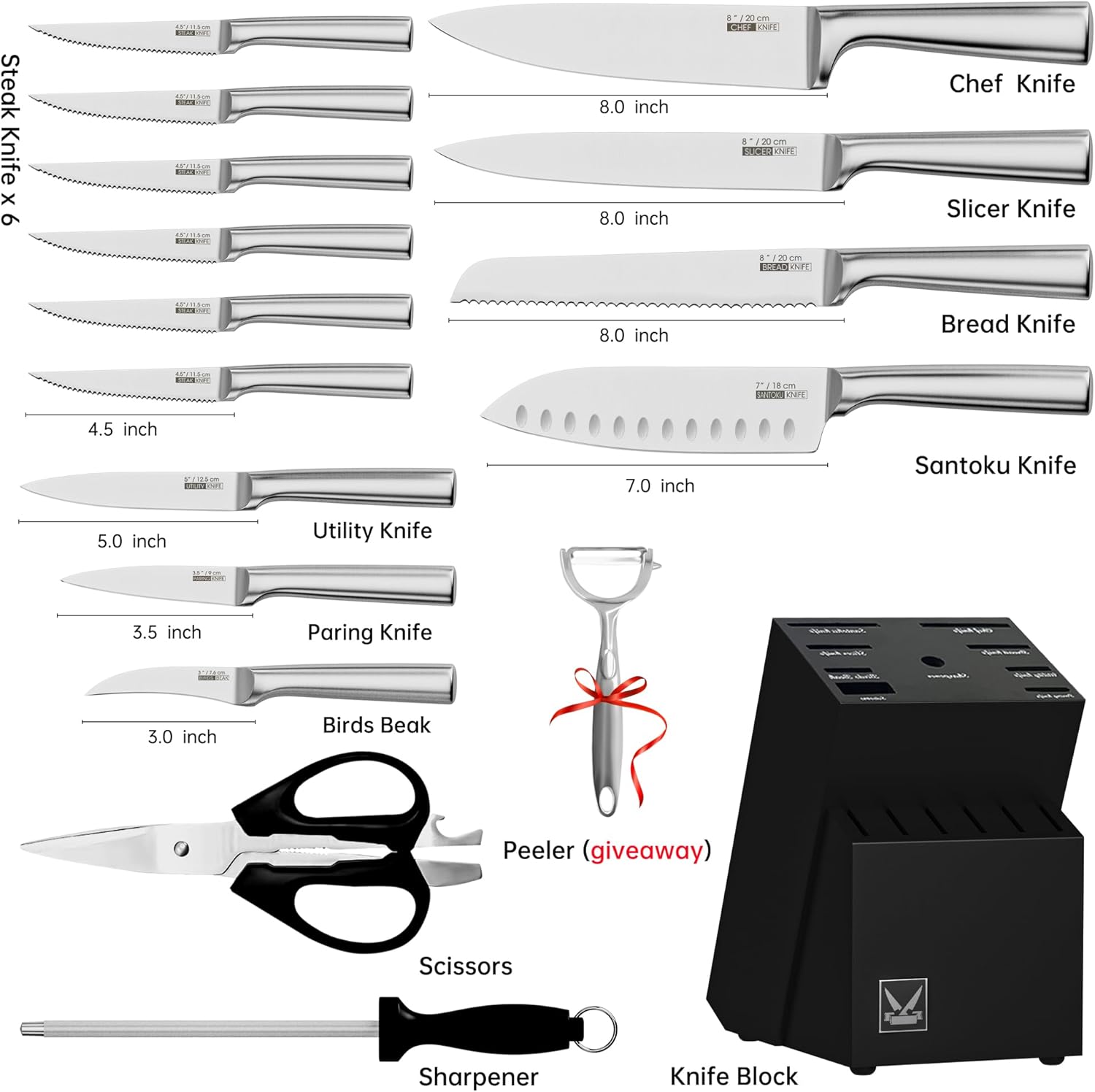 Juego de cuchillos de cocina, juego de cuchillos de 16 piezas con bloque