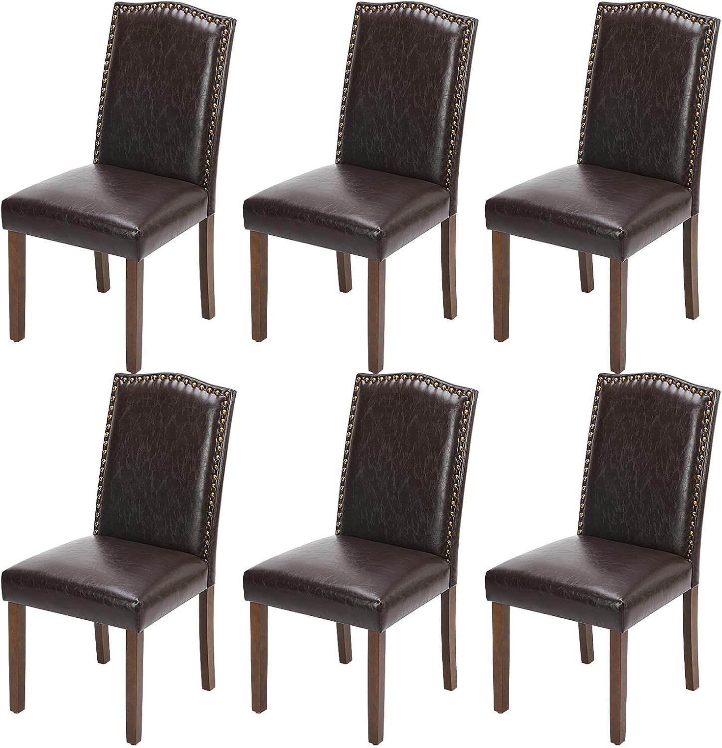 MCQ Juego de 6 sillas de comedor tapizadas, modernas sillas de comedor tapizadas de cuero con ribete de cabeza de clavo y patas de madera, silla de