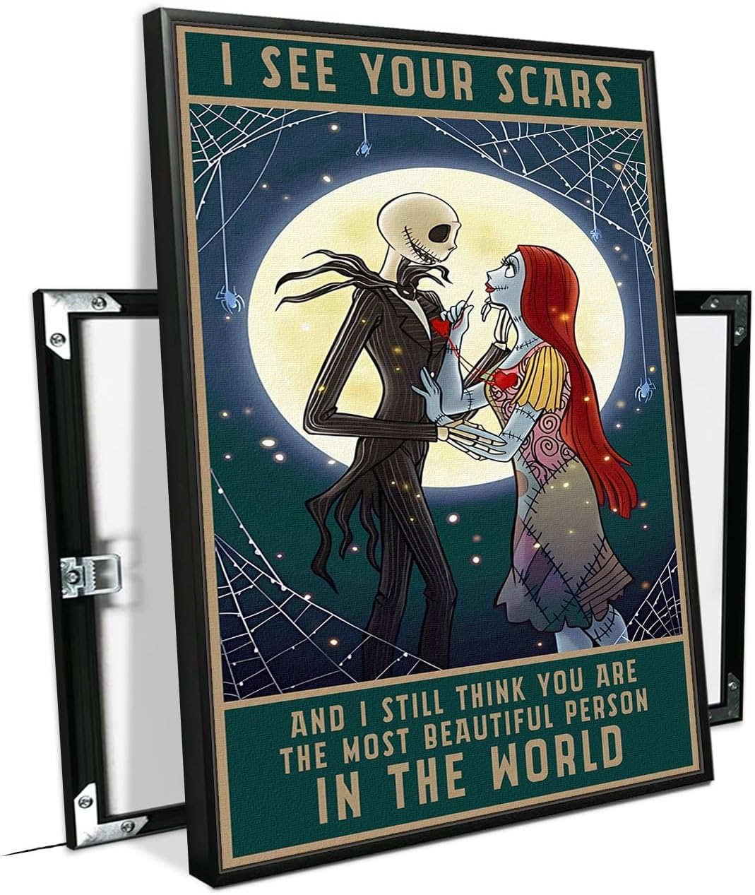 Wovvsu Póster de Jack and Sally (L10 x W8-marco de metal negro) Decoración de habitación de Halloween, película de terror de anime, arte de pared,