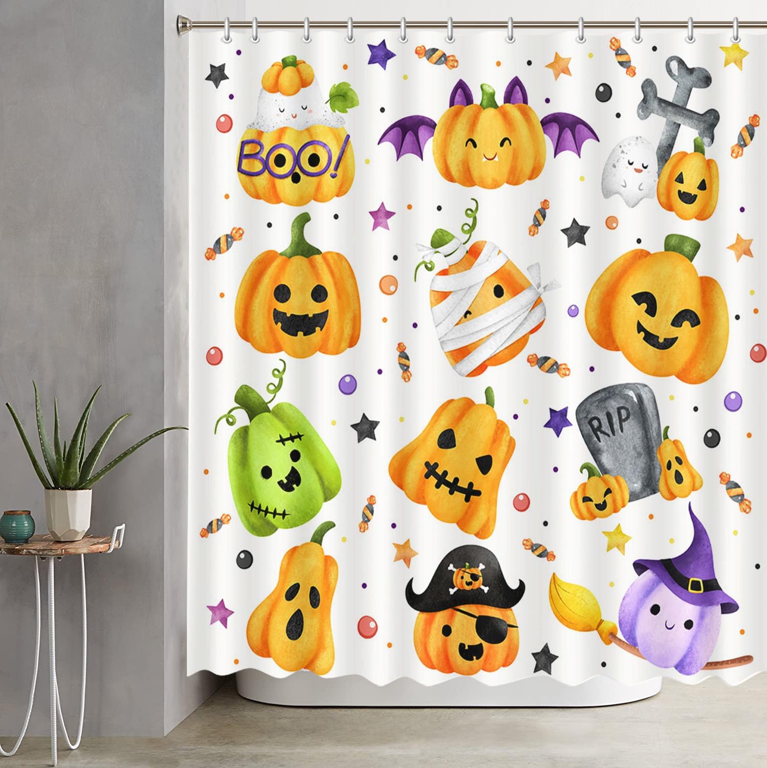 AIBIIN Cortina de ducha de calabaza de Halloween de 72 x 72 pulgadas para baño, naranja, morado, verde, calabaza, sombrero mágico, caramelos,