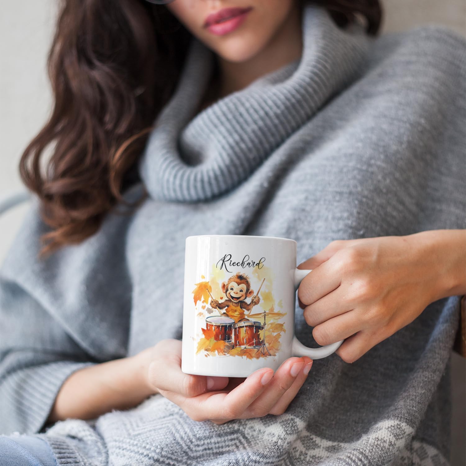 Taza de cerámica blanca de mono de otoño personalizada de 11 onzas, 15 onzas, tazas de té de tambor, regalo de tazas de otoño para amantes del