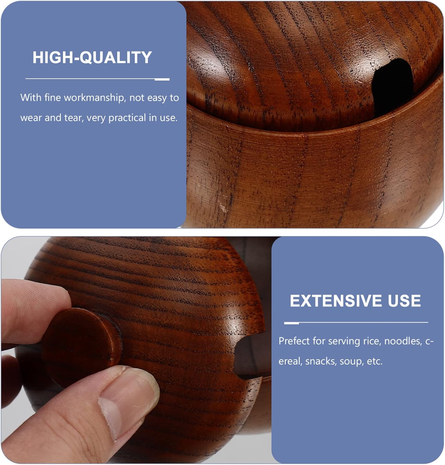 Cuenco de madera maciza de estilo japonés con tapas para servir ensalada, arroz, miso, sopa, frutas, cocina, preparación, platos de dulces, cuencos