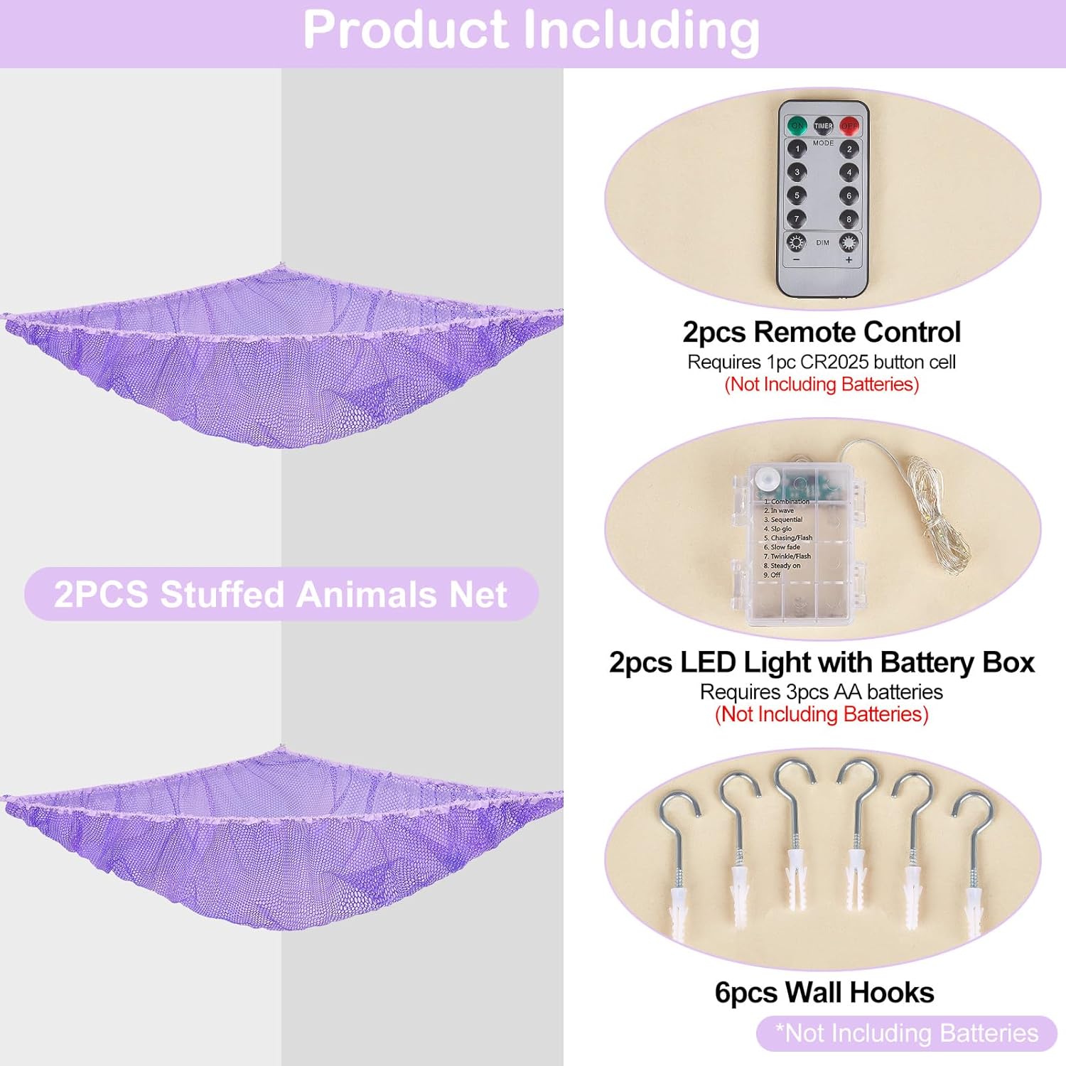 Basumee Red de animales de peluche o hamaca con luz LED, hamaca de red de juguetes para almacenamiento de animales de peluche, hamacas para
