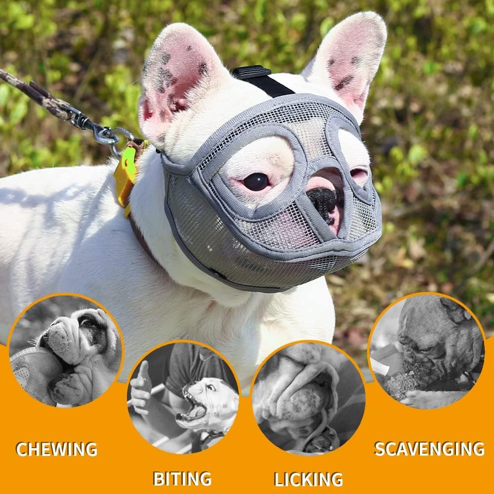 Bozal corto para perro, bozal de malla transpirable con cara plana para bulldog francés, shih tzu y pug, bozal de bulldog para morder, masticar,