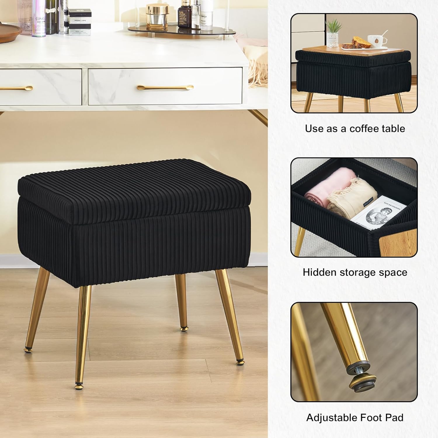 Furnimart Banco de almacenamiento pequeño de terciopelo, otomana tapizada con almacenamiento, taburete cuadrado para tocador, taburete reposapiés