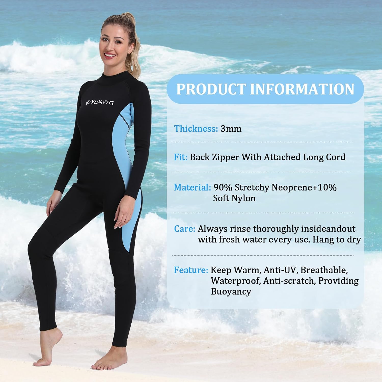 Yukvra Full Body Mens Women Wetsuit Long Sleeves Wet Suit 3mm Neoprene Jumpsuit for Diving Snorkeling Kayaking Surfing Water Sports