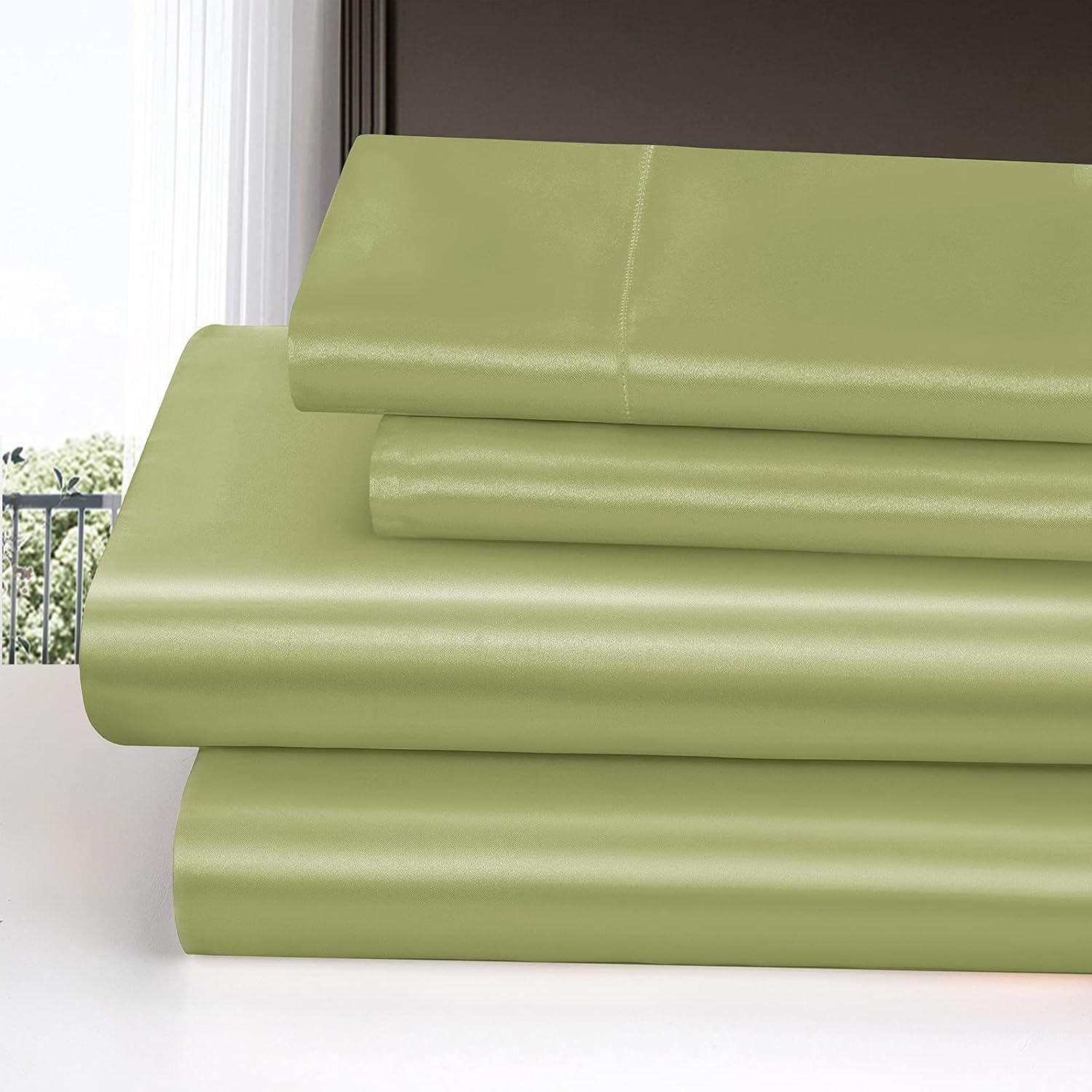 Homiest Juego de sábanas de satén de lujo de 4 piezas con bolsillo profundo, 1 sábana bajera + 1 sábana encimera + 2 fundas de almohada (tamaño