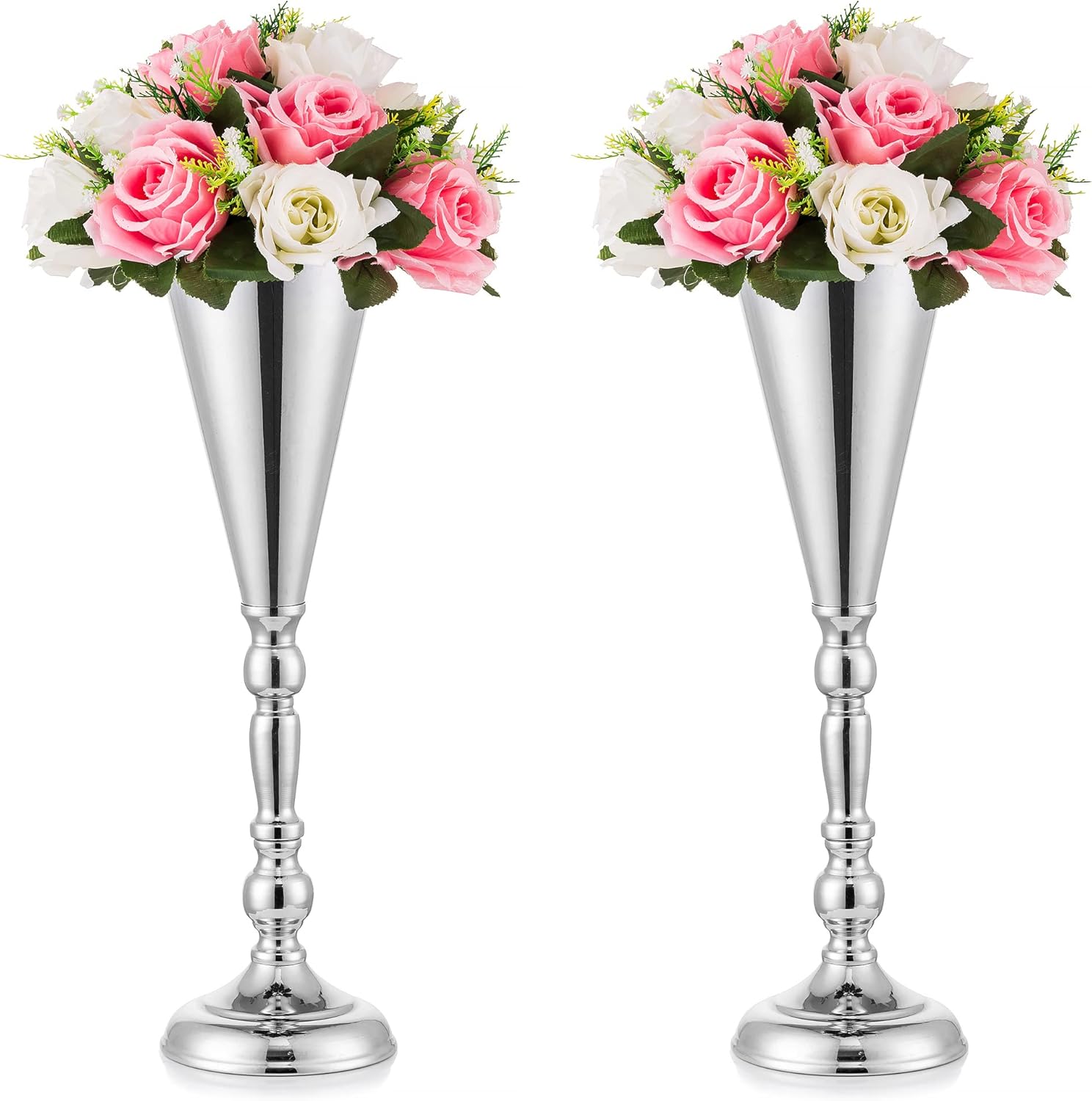 Inweder Jarrón plateado, decoración de mesa de centro de mesa, paquete de 2 soportes de metal para flores, decoraciones de boda para recepción,