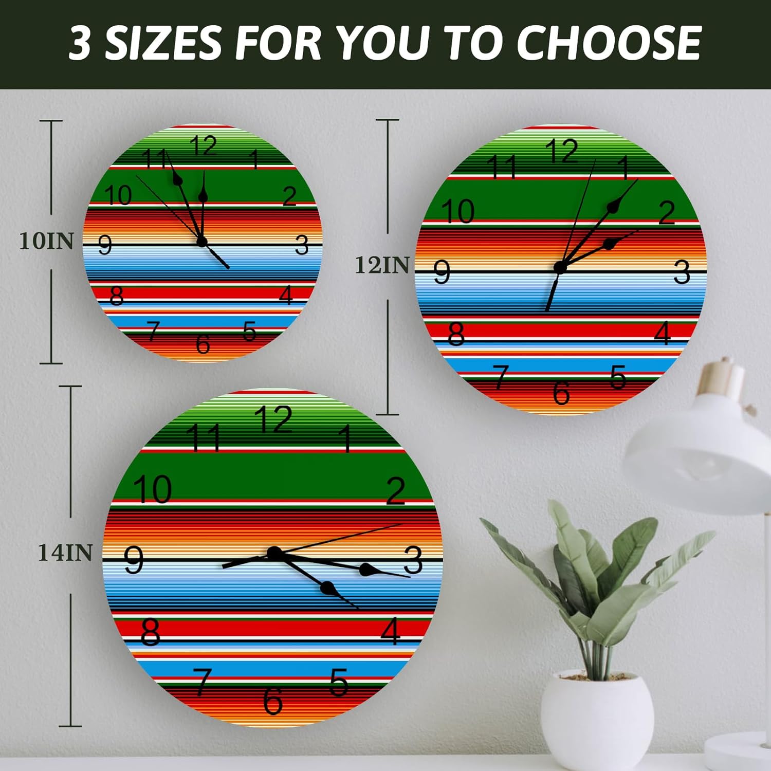 Reloj de pared silencioso de 10 pulgadas, sin tictac, verde, rojo, naranja, azul, rayas mexicanas, reloj decorativo redondo para sala de estar,